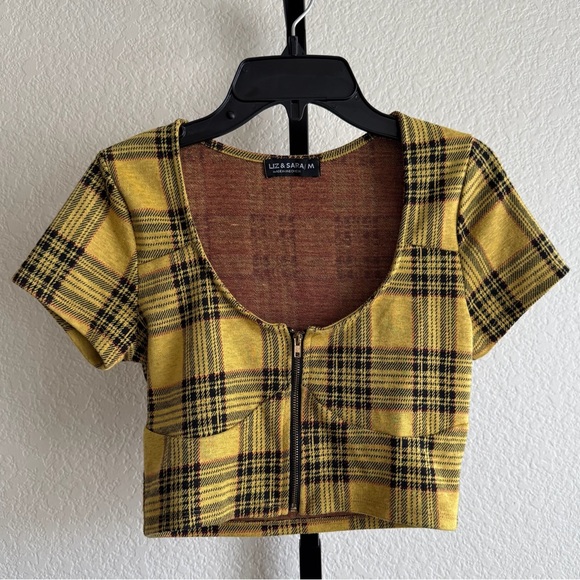90s Grunge Plaid Crop Top Yellow Black Clueless Stretch Y2K Retro Preppy - Picture 1 of 9